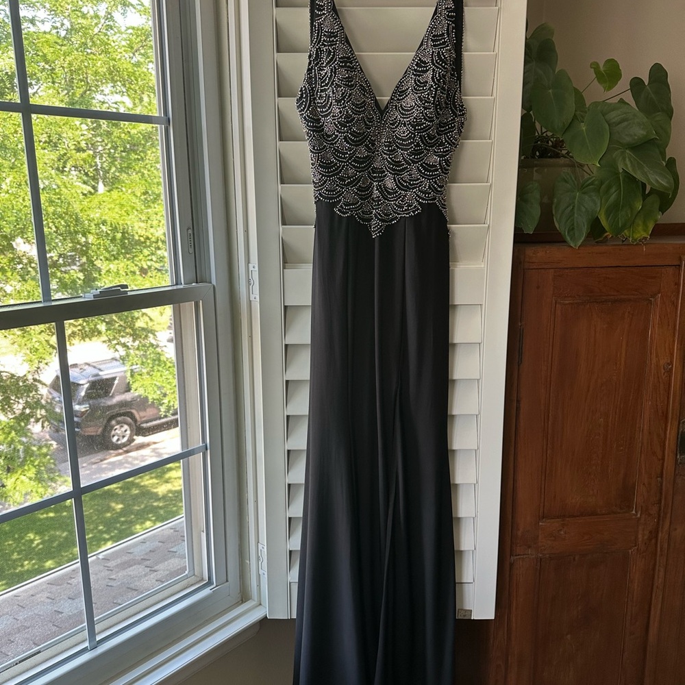 Sherri Hill Black and Silver Maxi Dress